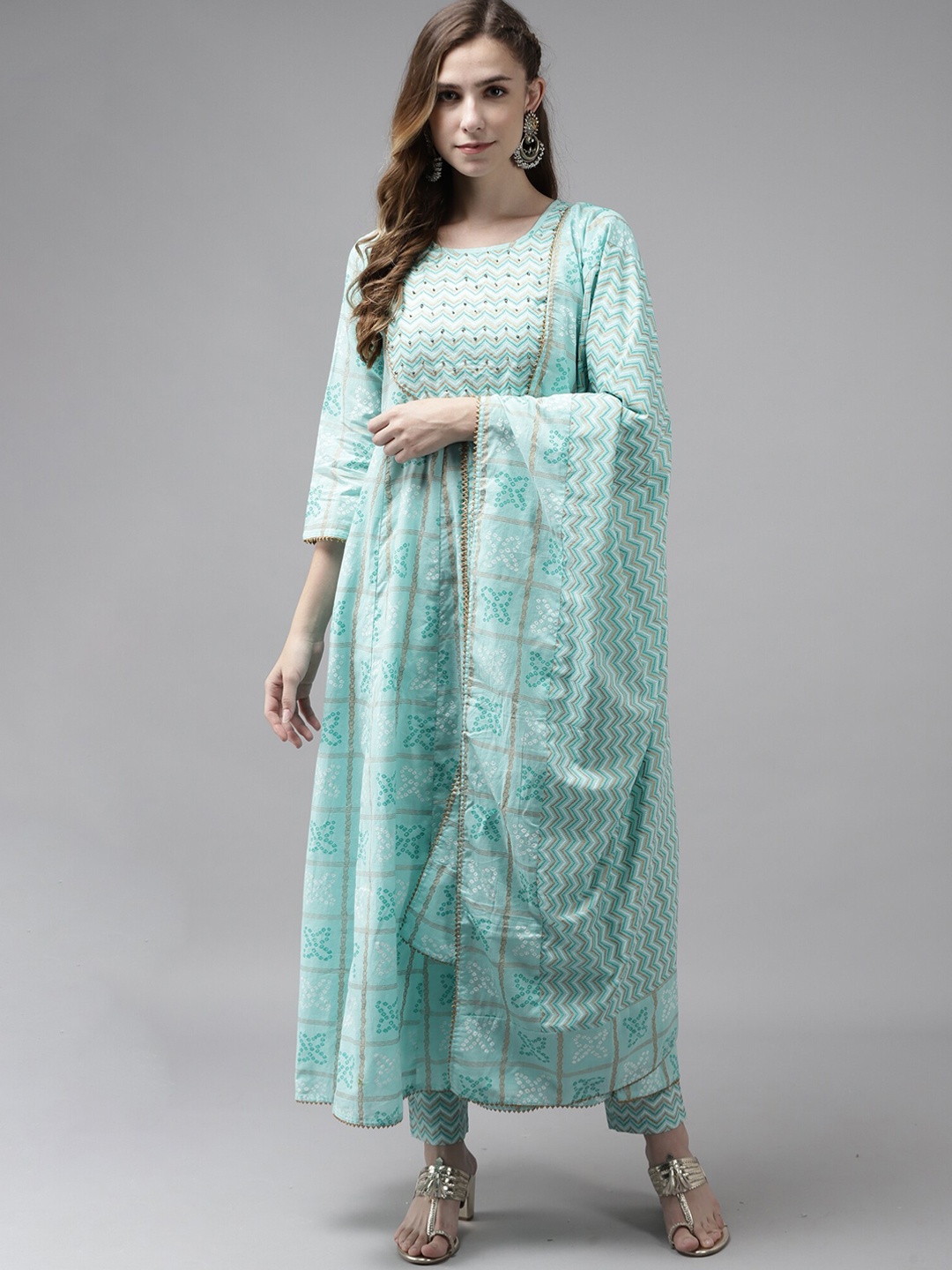 

Indo Era Women Blue & Gold-Toned Ethnic Motifs Printed Kurta with Palazzos & Dupatta