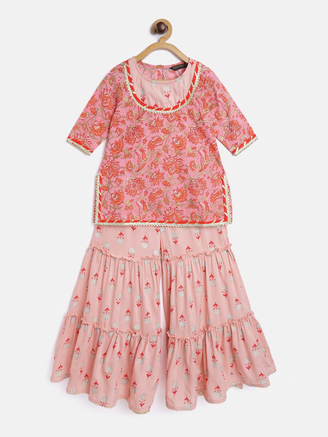 

Readiprint Fashions Girls Pink Floral Printed Gotta Patti Pure Cotton Kurti with Sharara