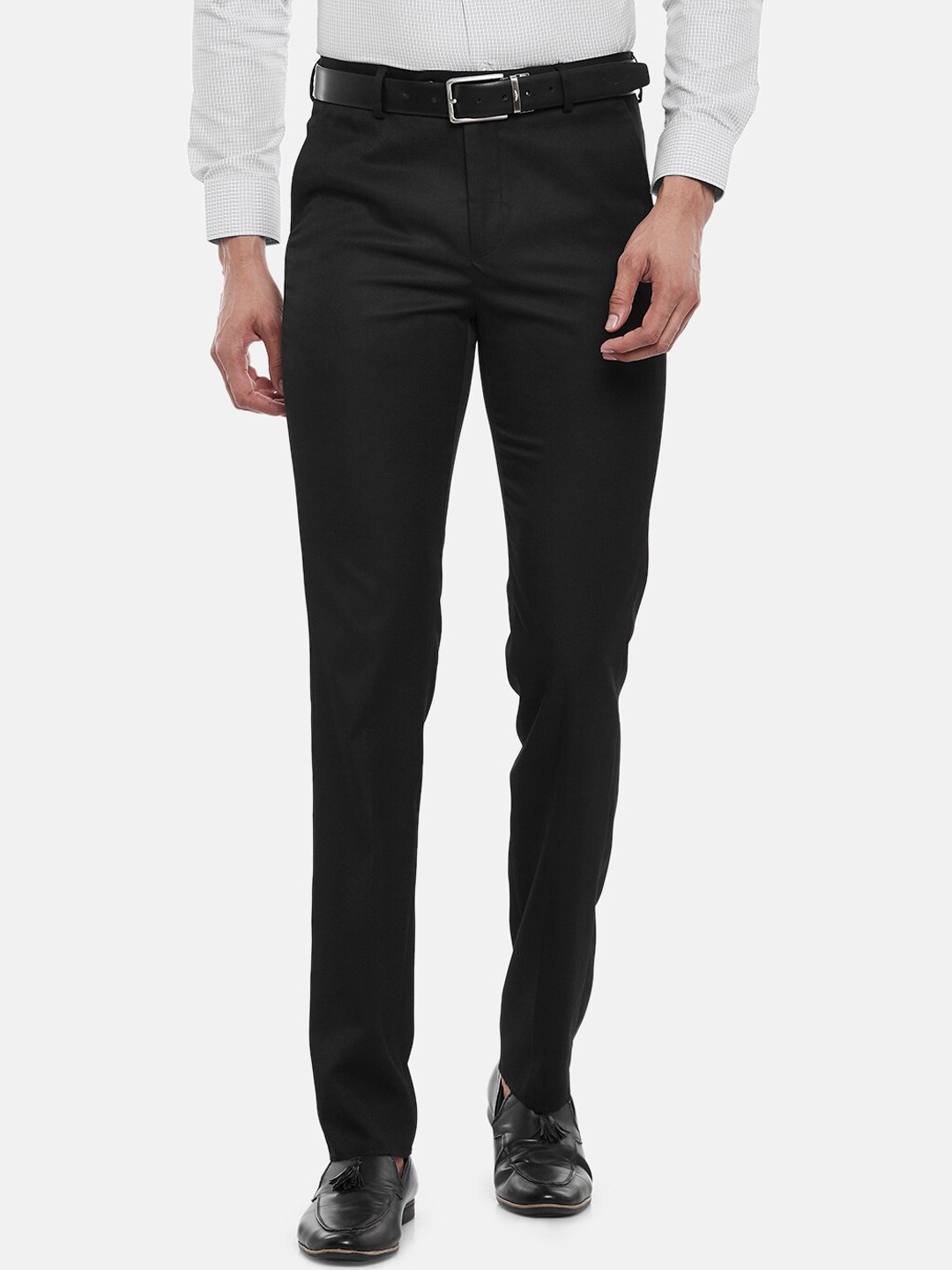 

BYFORD by Pantaloons Men Charcoal Black Solid Slim Fit Low-Rise Trousers