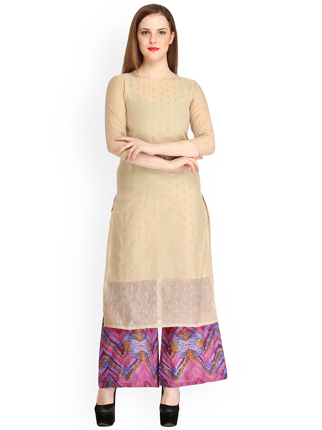 

Cottinfab Women Cream-Coloured Woven Design Straight Kurta