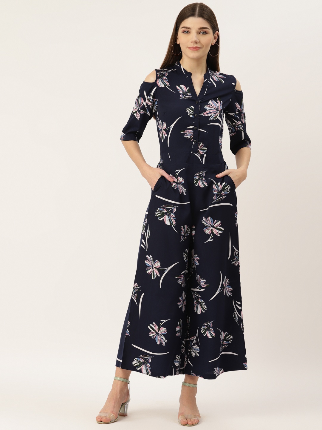 

Deewa Navy Blue & Off White Floral Print Basic Jumpsuit