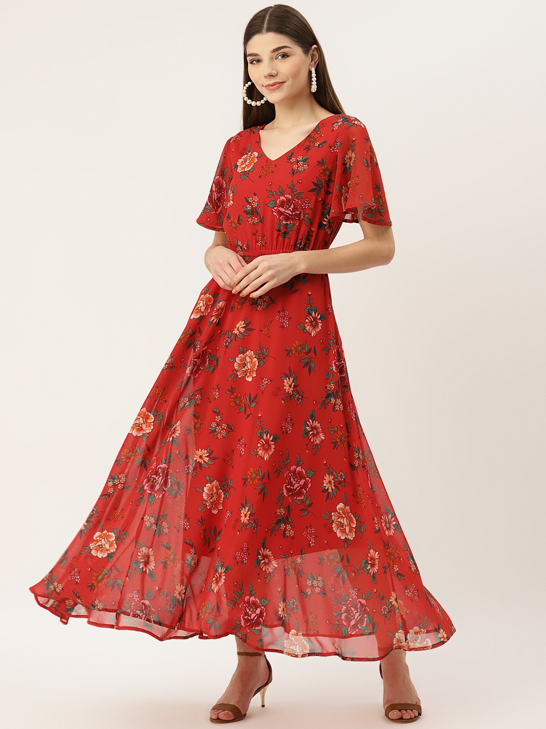 

Deewa Red Floral Georgette Maxi Dress