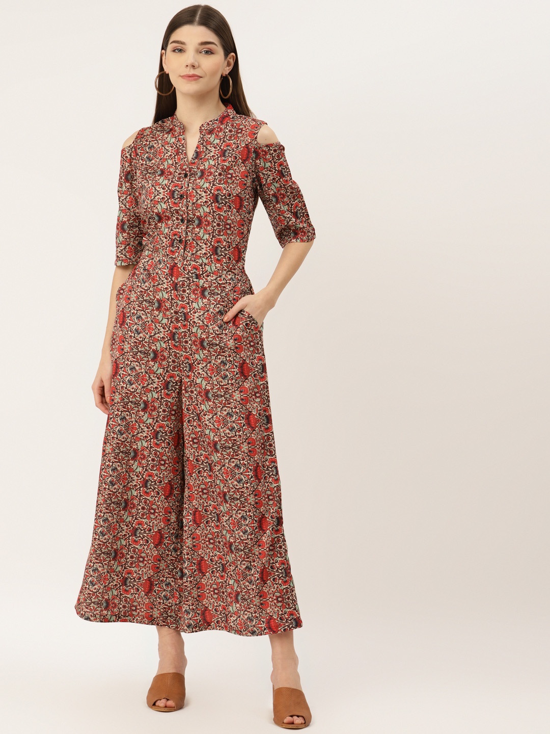 

Deewa Beige & Red Floral Printed Jumpsuit