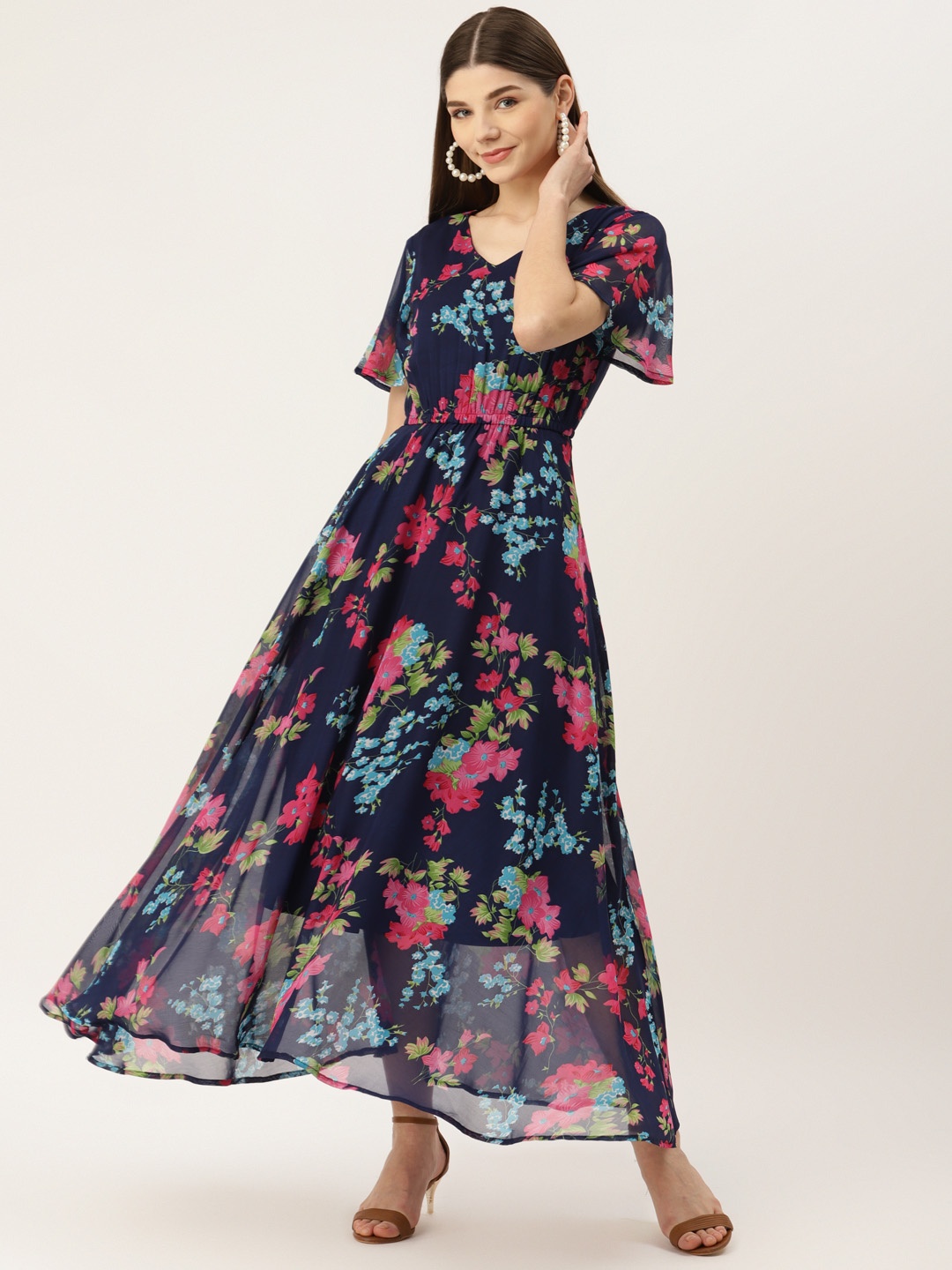 

Deewa Navy Blue & Pink Floral Print Georgette Maxi Dress