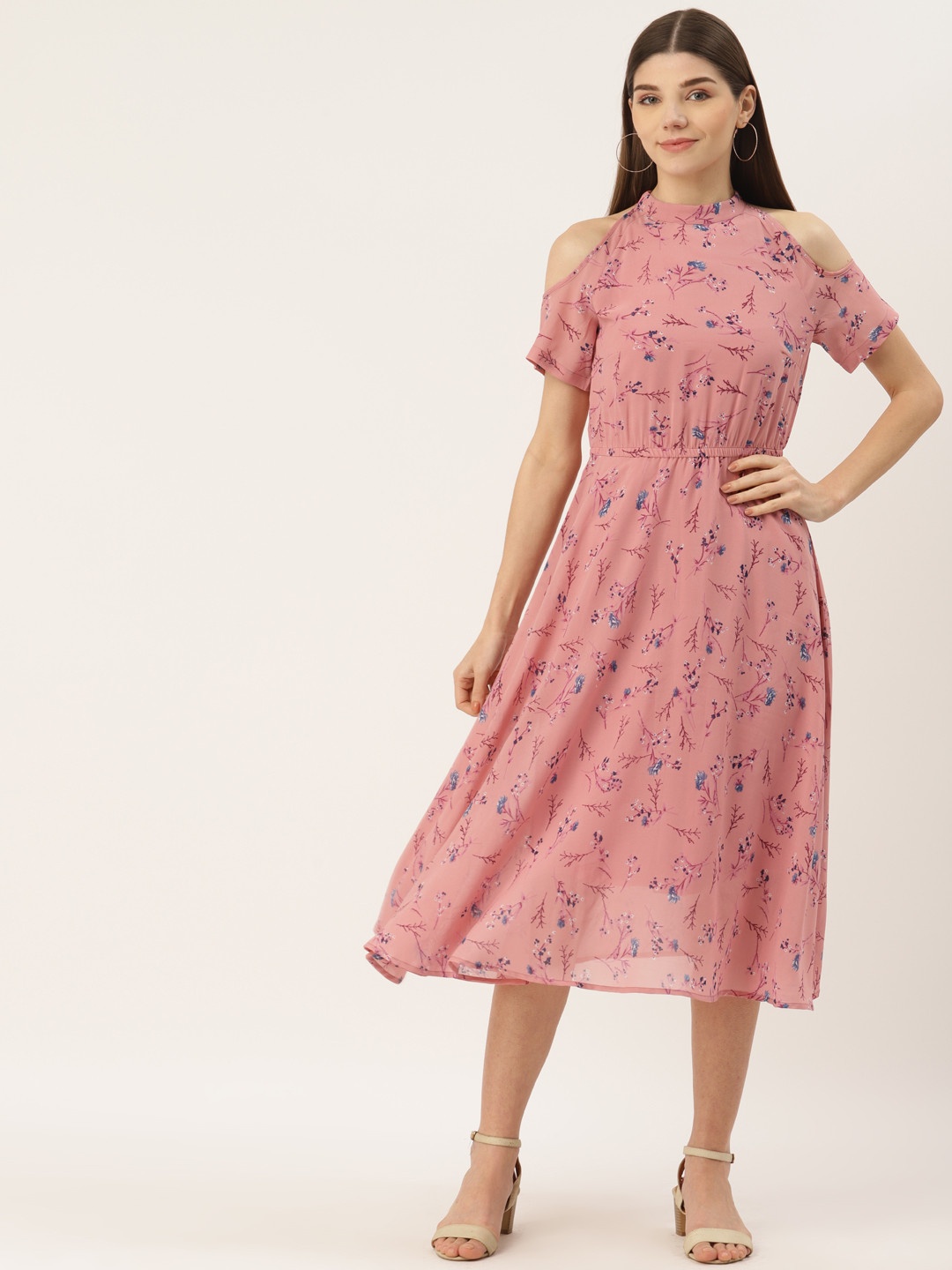 

Deewa Peach-Coloured Floral Georgette A-Line Midi Dress