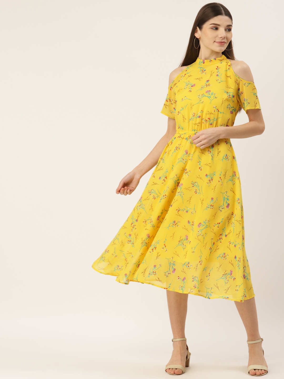 

Deewa Yellow Floral Georgette A-Line Midi Dress