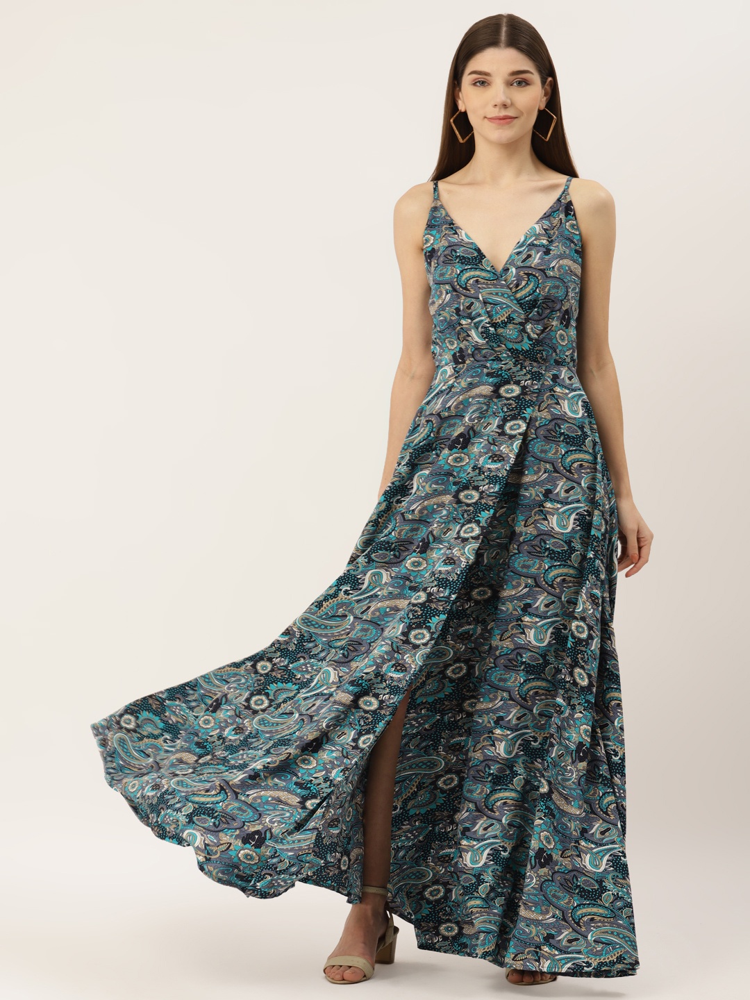 

Deewa Beige & Blue Floral Crepe Maxi Dress