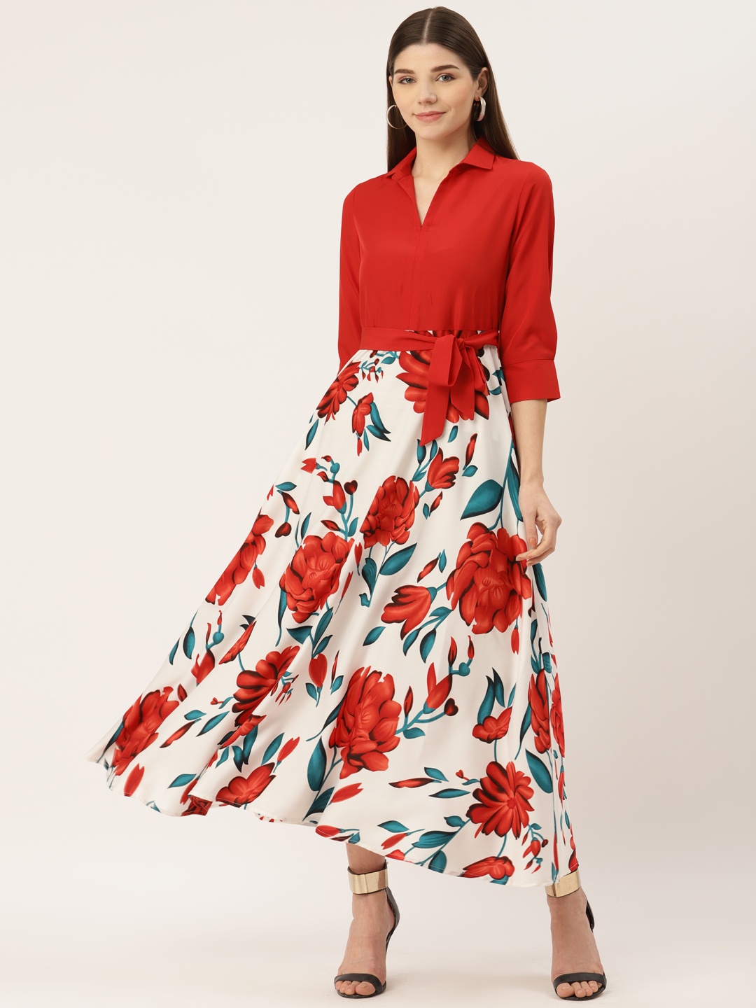 

Deewa Red & White Floral Crepe Maxi Dress