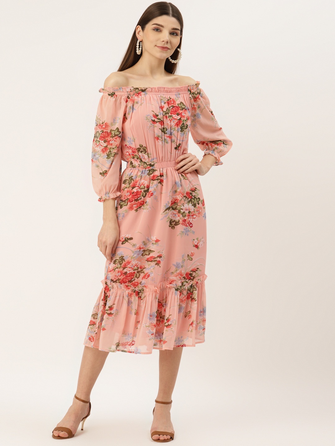 

Deewa Peach-Coloured Floral Off-Shoulder Georgette A-Line Midi Dress