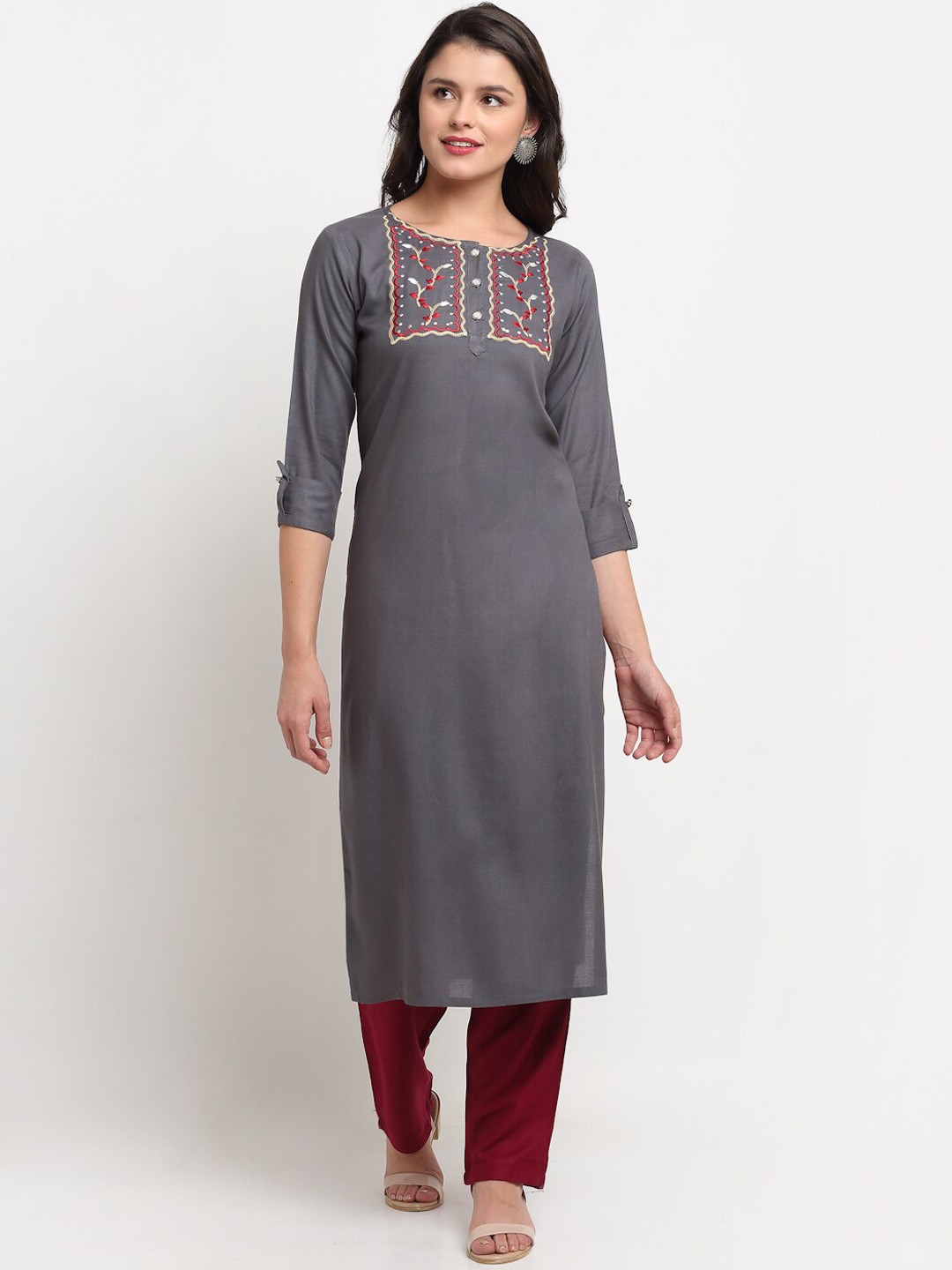 

The Mini NEEDLE Women Grey Embroidered Kurta with Maroon Trousers