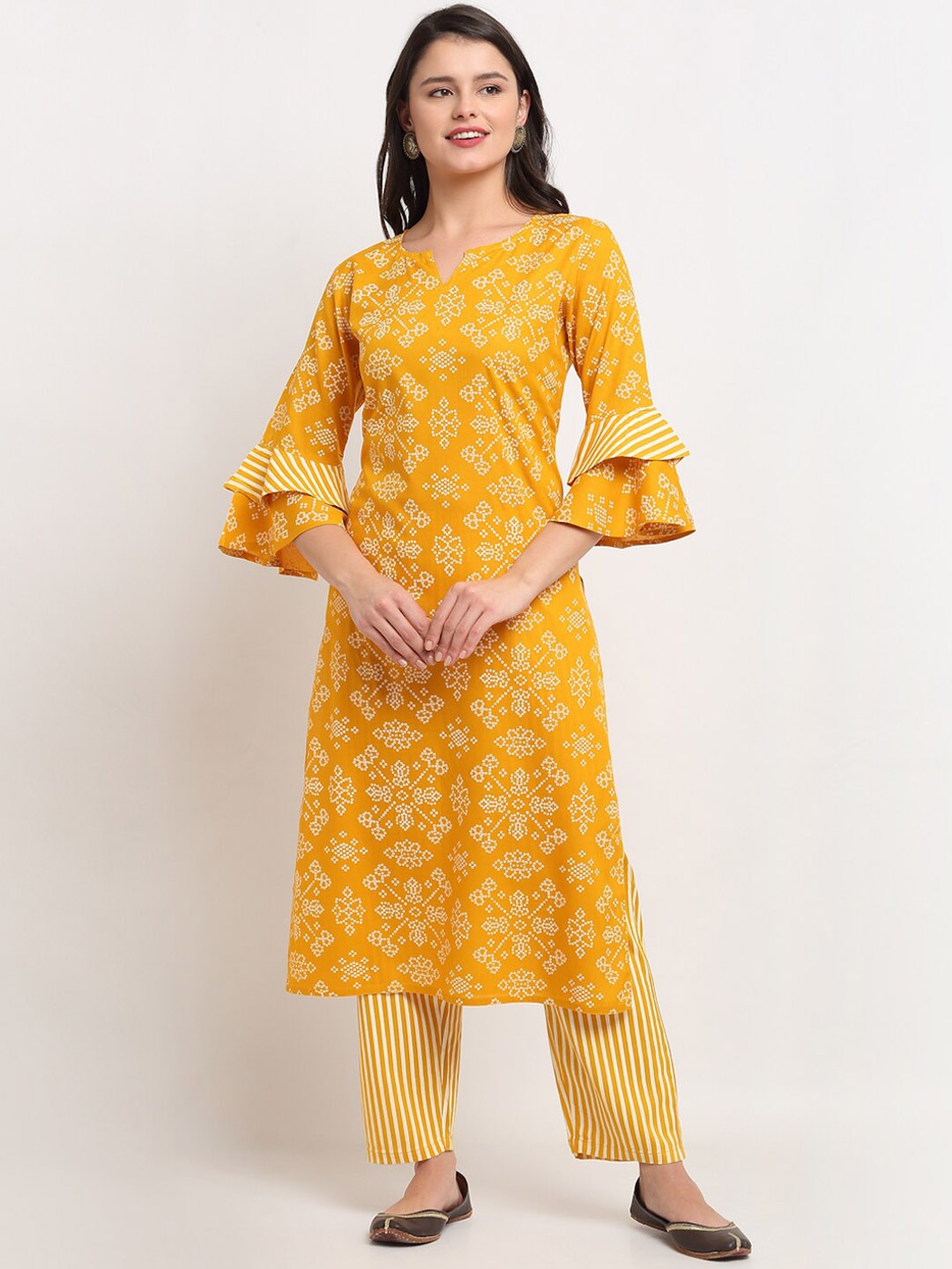 

The Mini NEEDLE Women Mustard Yellow Bandhani Printed Kurti with Palazzos