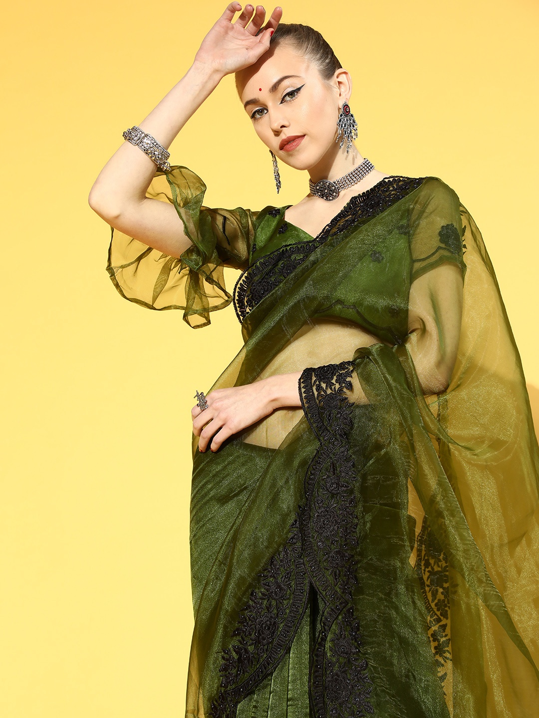 

Tikhi Imli Solid Saree with Embroidered Border, Green