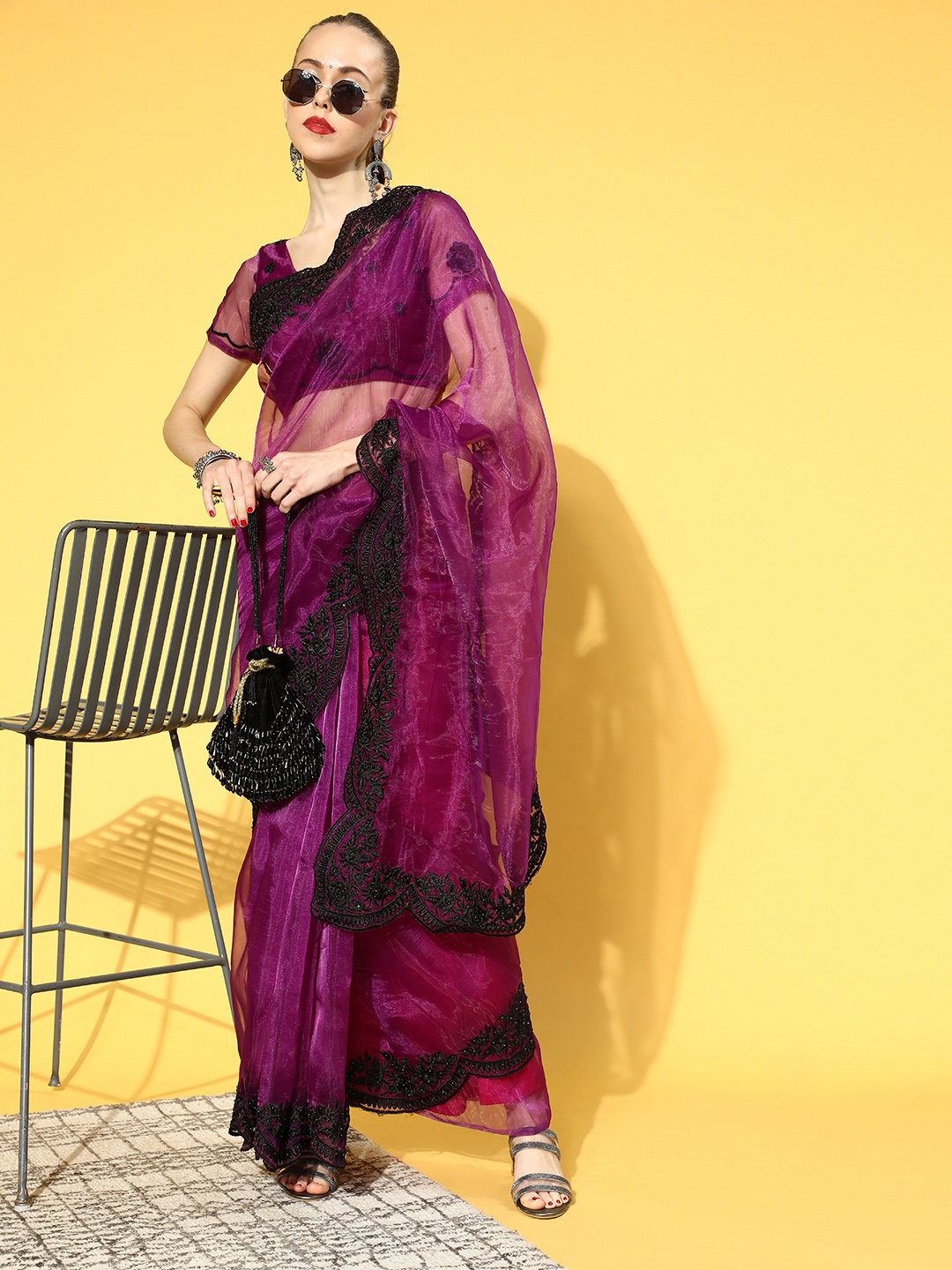 

Tikhi Imli Solid Saree with Embroidered Border, Purple
