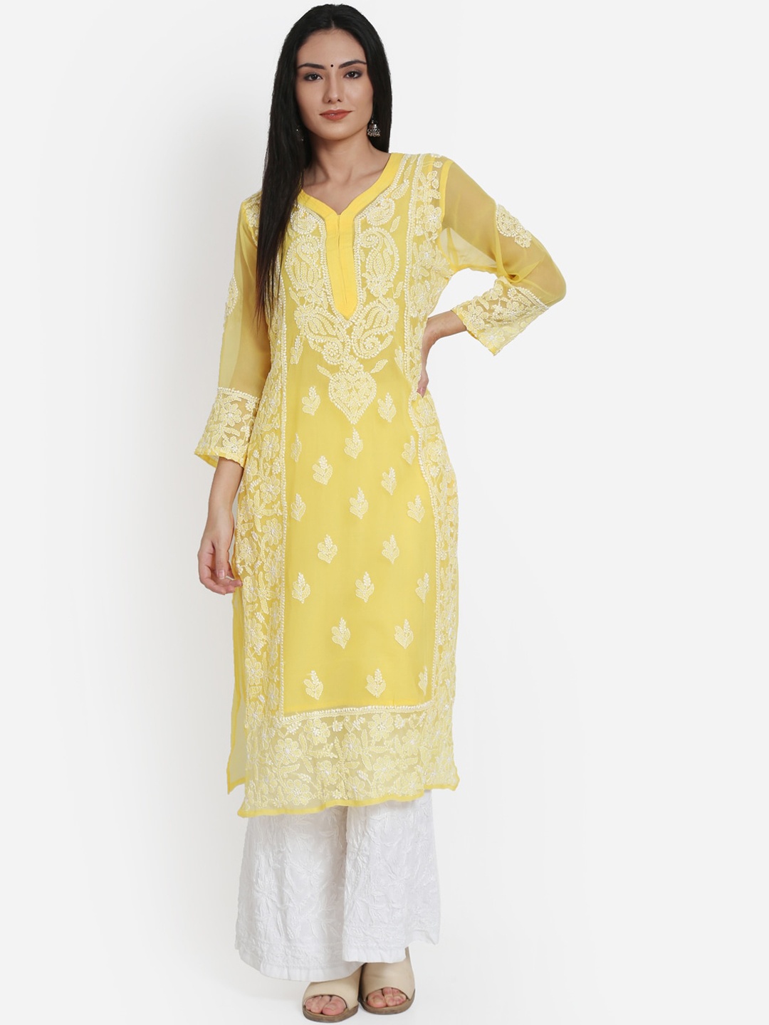 

PARAMOUNT CHIKAN Women Yellow Ethnic Motifs Embroidered Chikankari Georgette Kurta