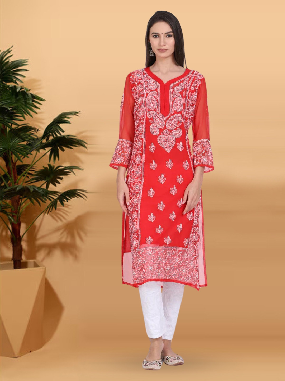 

PARAMOUNT CHIKAN Women Red & White Ethnic Motifs Embroidered Chikankari Georgette Kurta