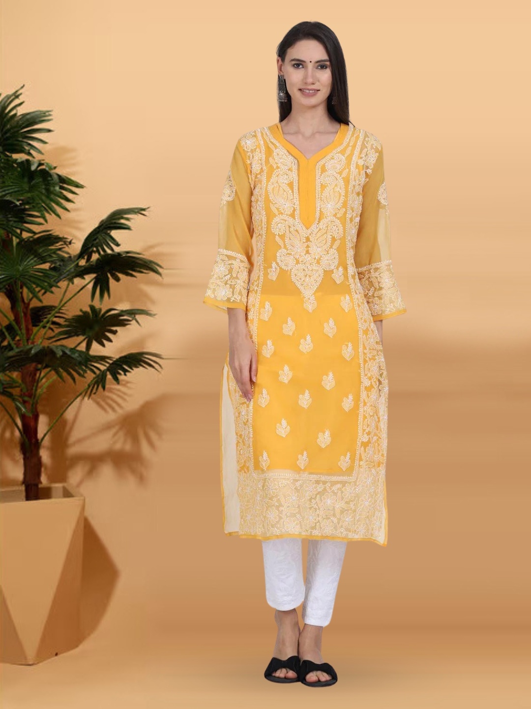 

PARAMOUNT CHIKAN Women Mustard Yellow Ethnic Motifs Embroidered Chikankari Georgette Kurta