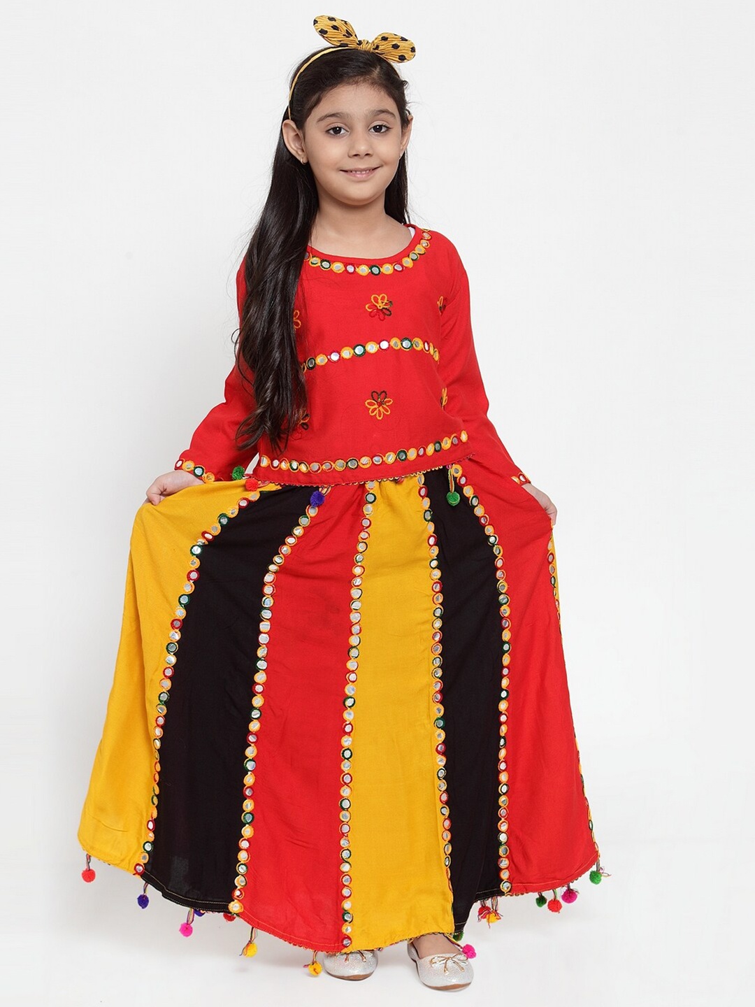 

KYDZI Girls Red & Yellow Embellished Ready to Wear Lehenga & Choli Set