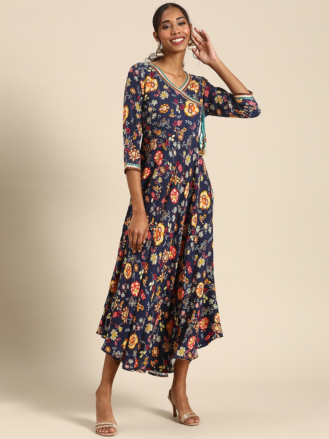 

RANGMAYEE Blue & Yellow Floral Liva Ethnic A-Line Maxi Dress