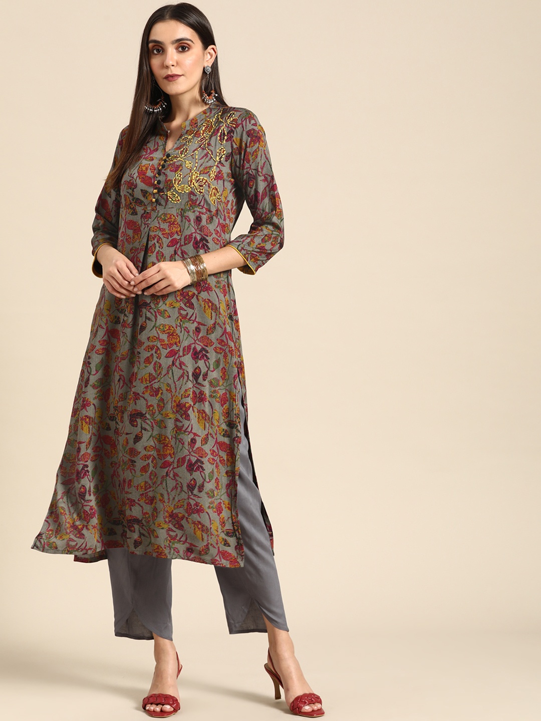 

RANGMAYEE Women Grey & Maroon Floral Embroidered Floral Liva Kurta