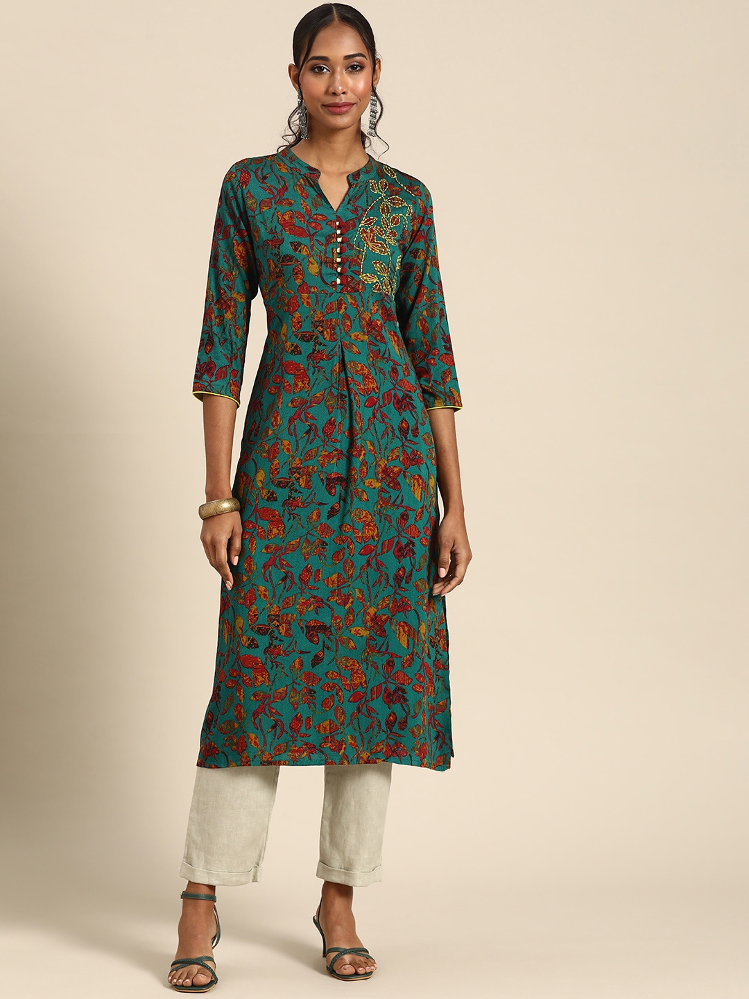 

RANGMAYEE Women Teal & Maroon Floral Embroidered Floral Liva Kurta