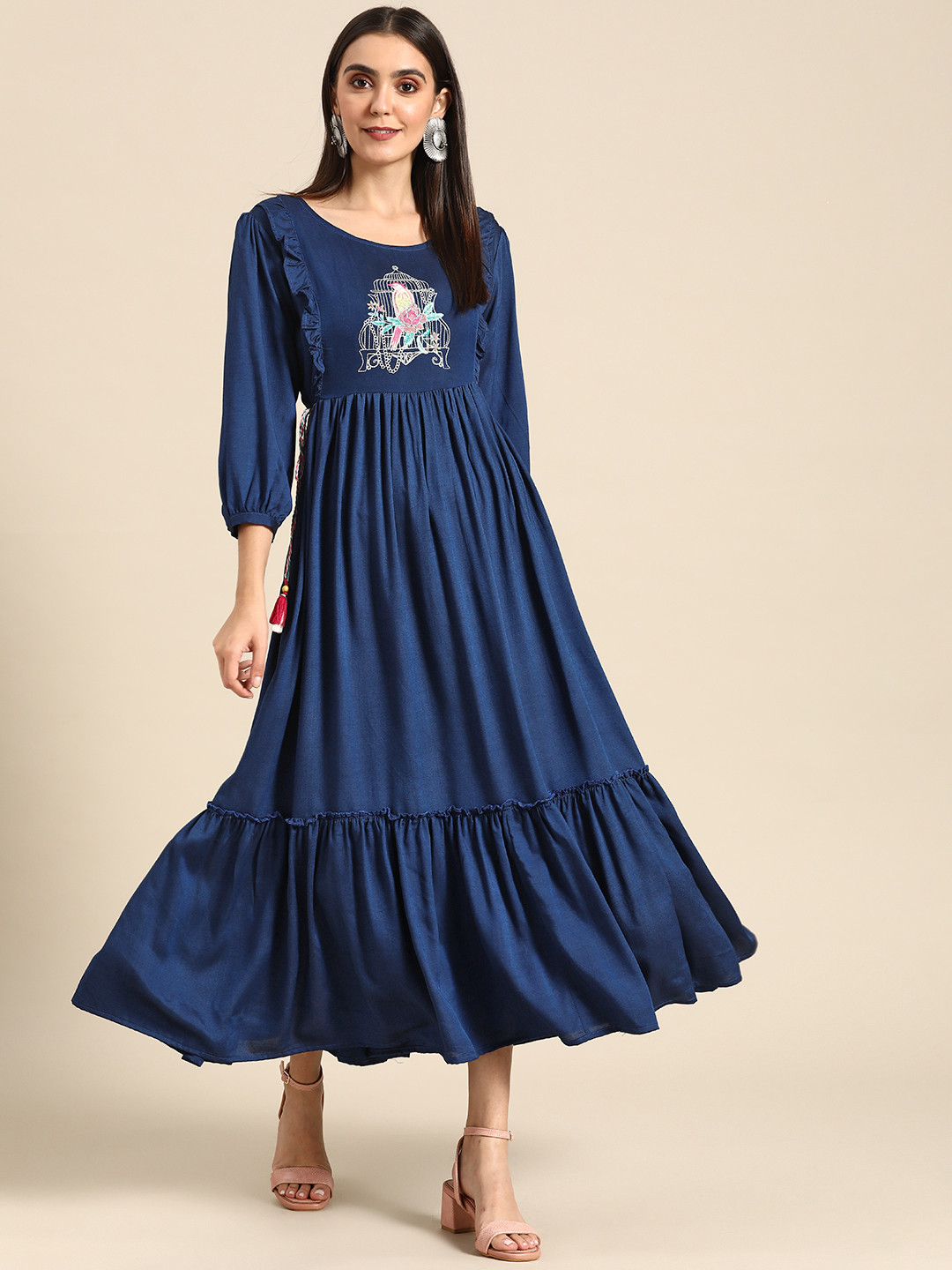 

RANGMAYEE Blue & Pink Embroidered Liva Ethnic A-Line Maxi Dress