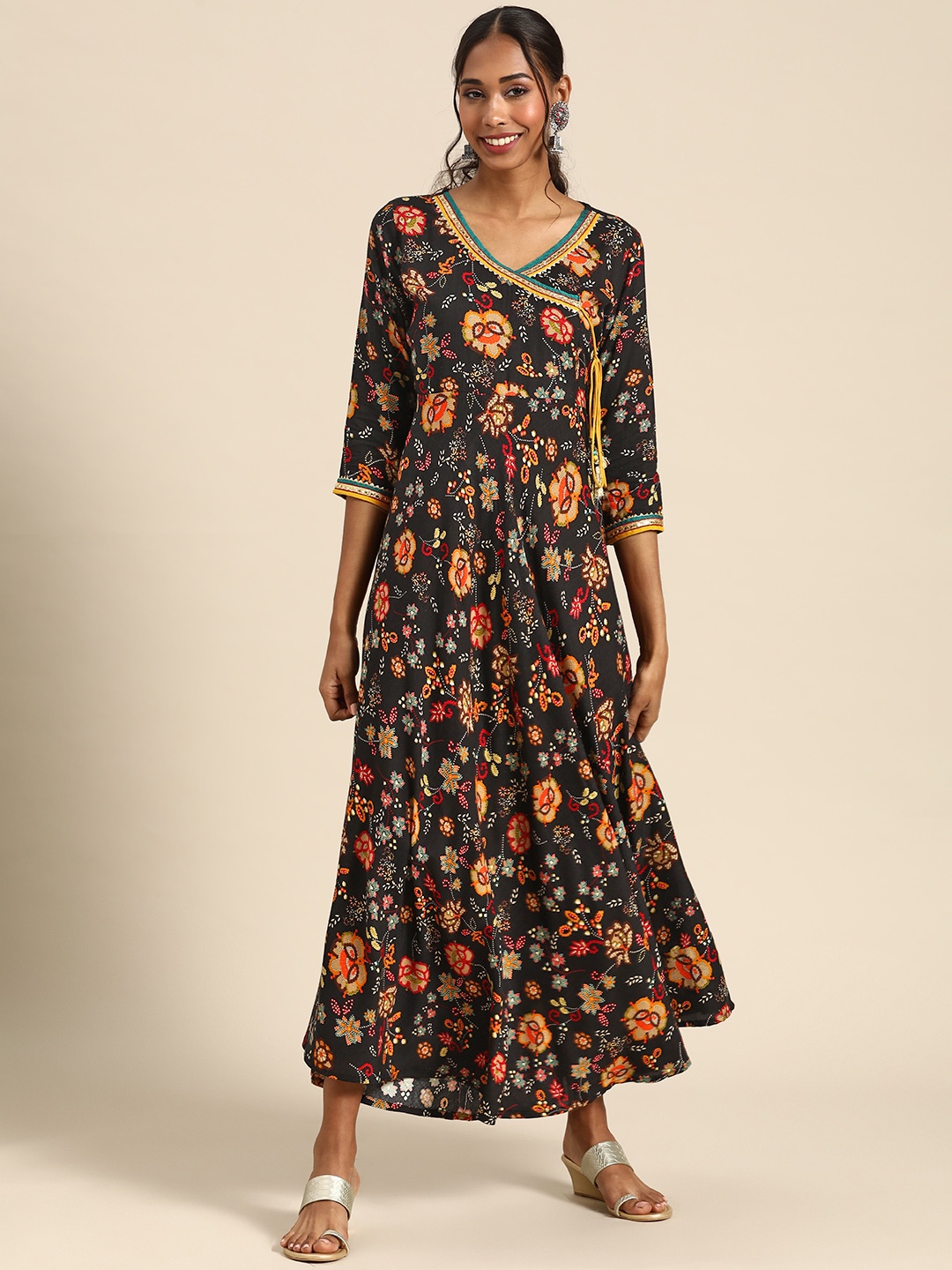 

RANGMAYEE Black & Yellow Floral Liva Ethnic A-Line Maxi Dress