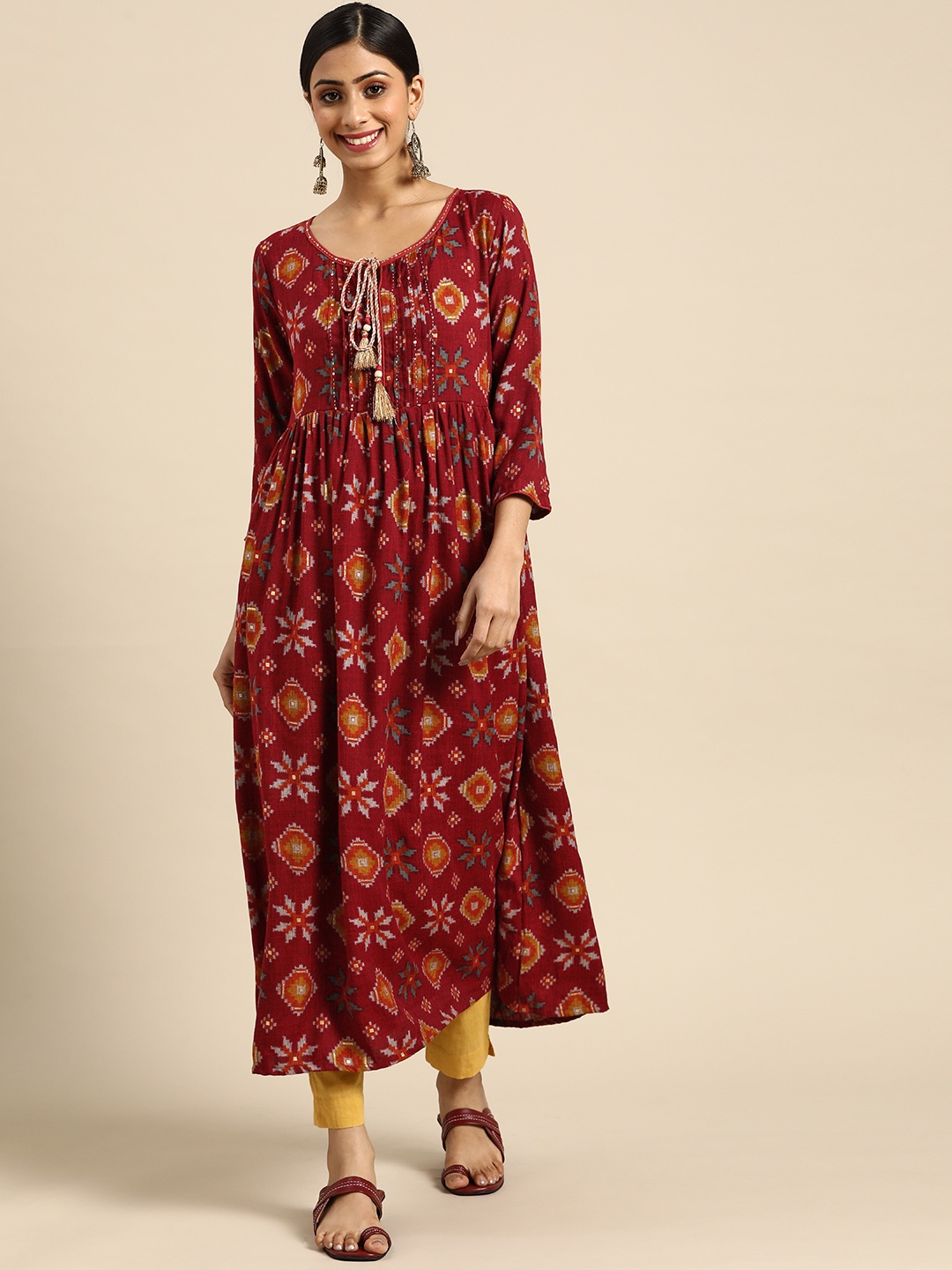 

RANGMAYEE Women Maroon & Mustard Yellow Printed Thread Work Liva Kurta