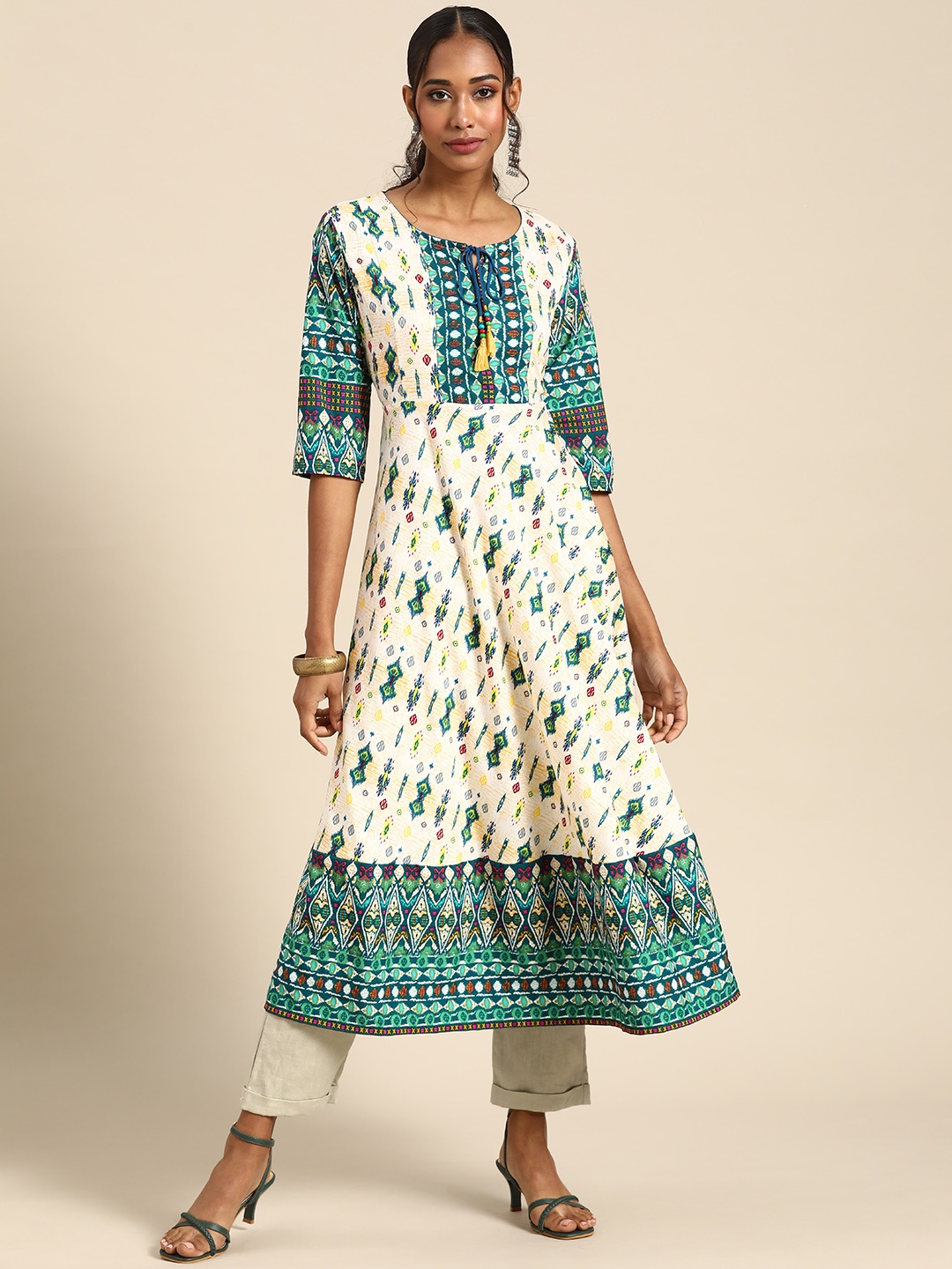 

RANGMAYEE Women White & Green Ethnic Motifs Printed Kurta