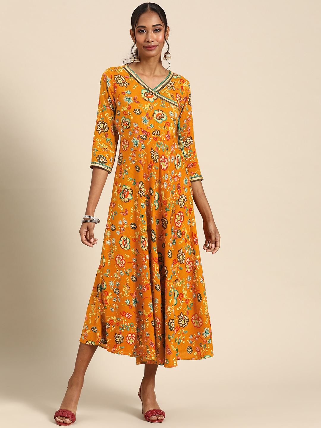 

RANGMAYEE Mustard Yellow & Green Floral Liva Ethnic A-Line Maxi Dress
