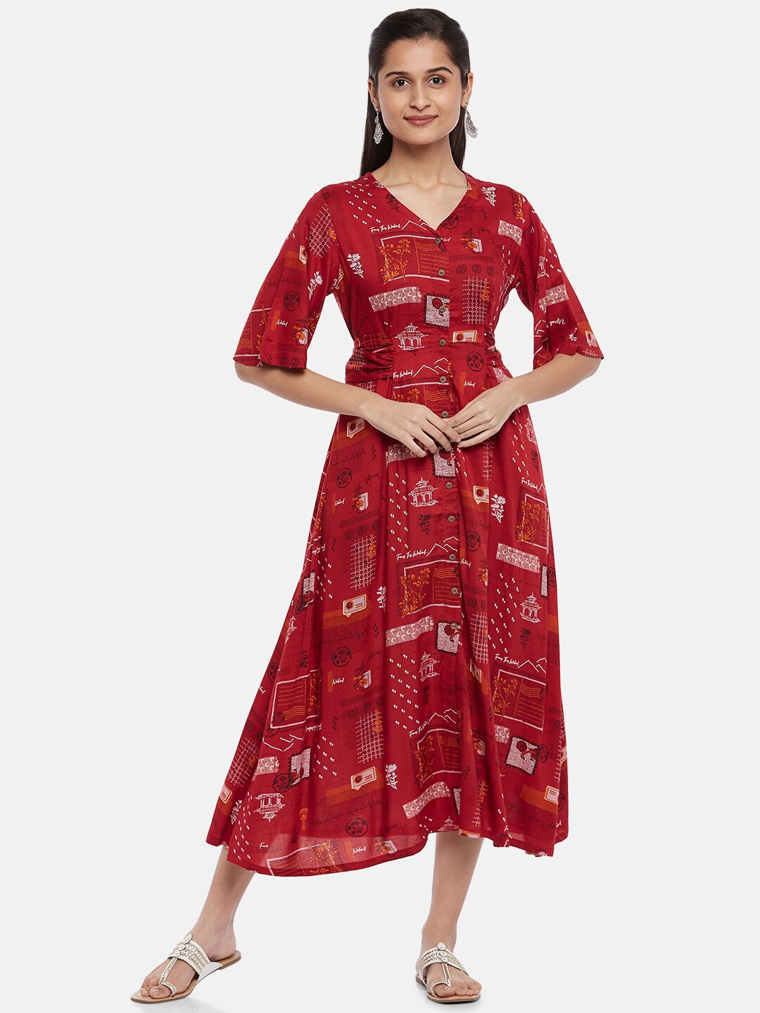 

AKKRITI BY PANTALOONS Rust & White Floral Midi Dress