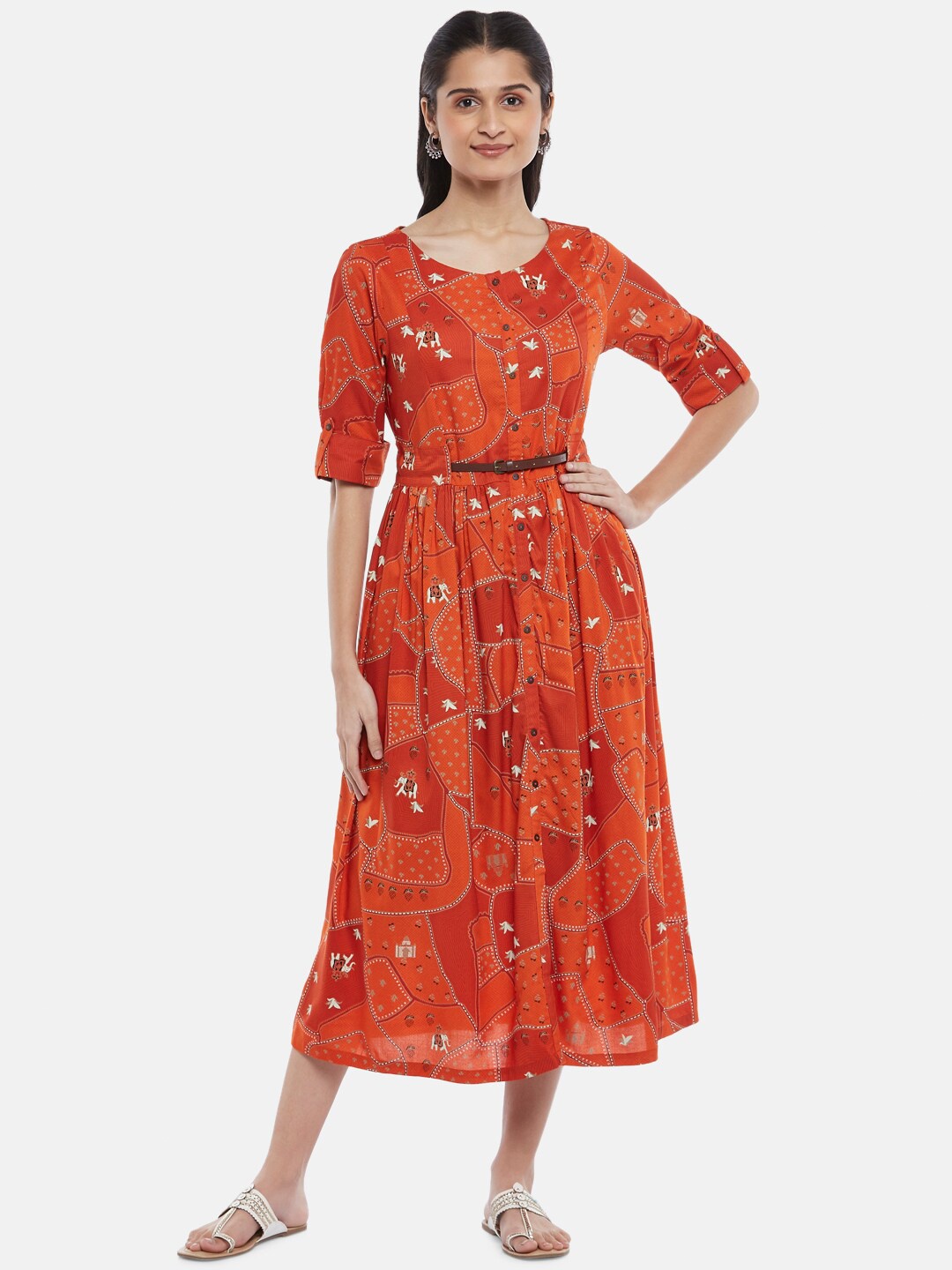 

AKKRITI BY PANTALOONS Rust Floral Ethnic A-Line Midi Dress