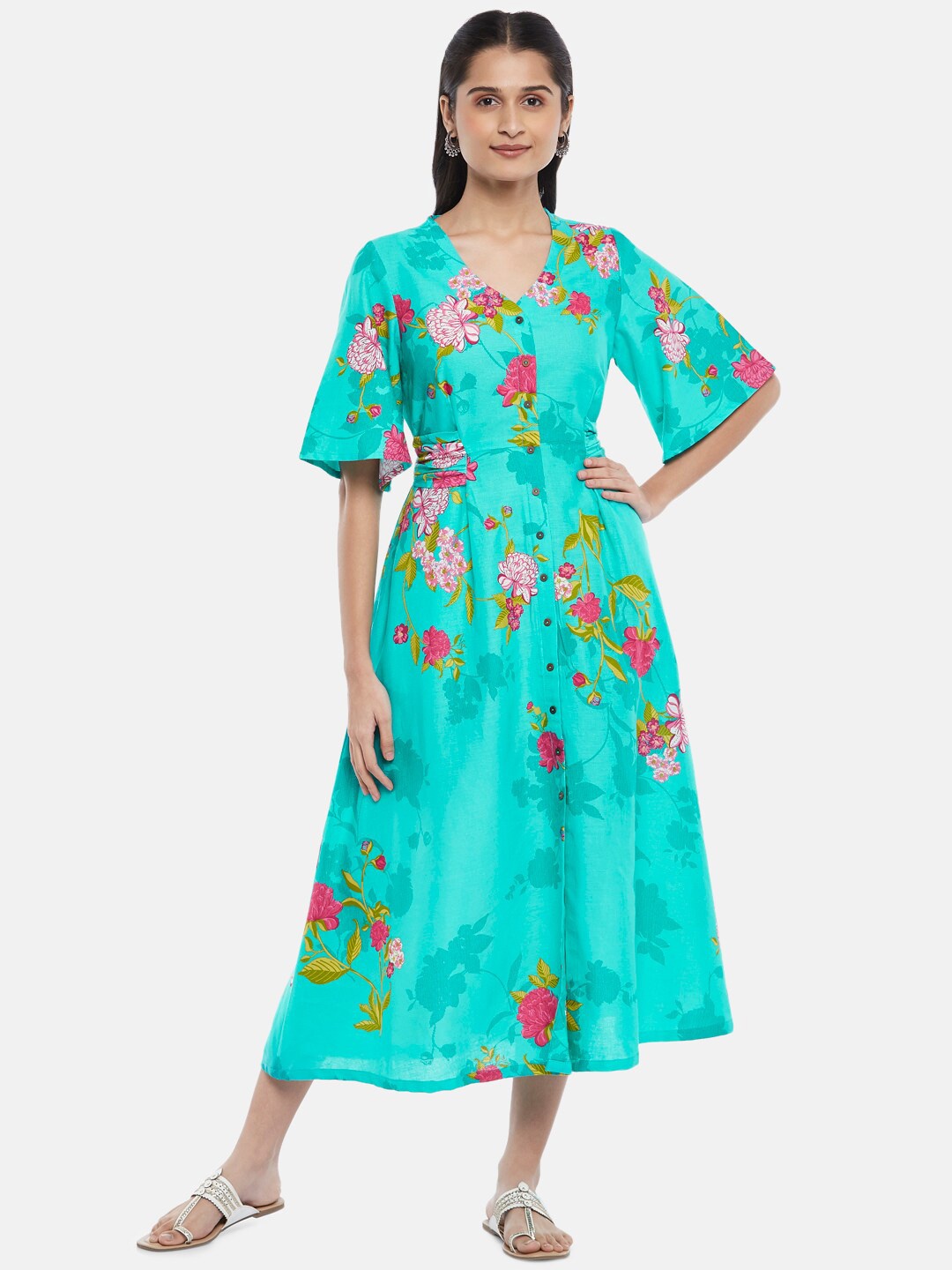 

AKKRITI BY PANTALOONS Turquoise Blue & Pink Floral Pure Cotton Midi Fit & Flare Dress