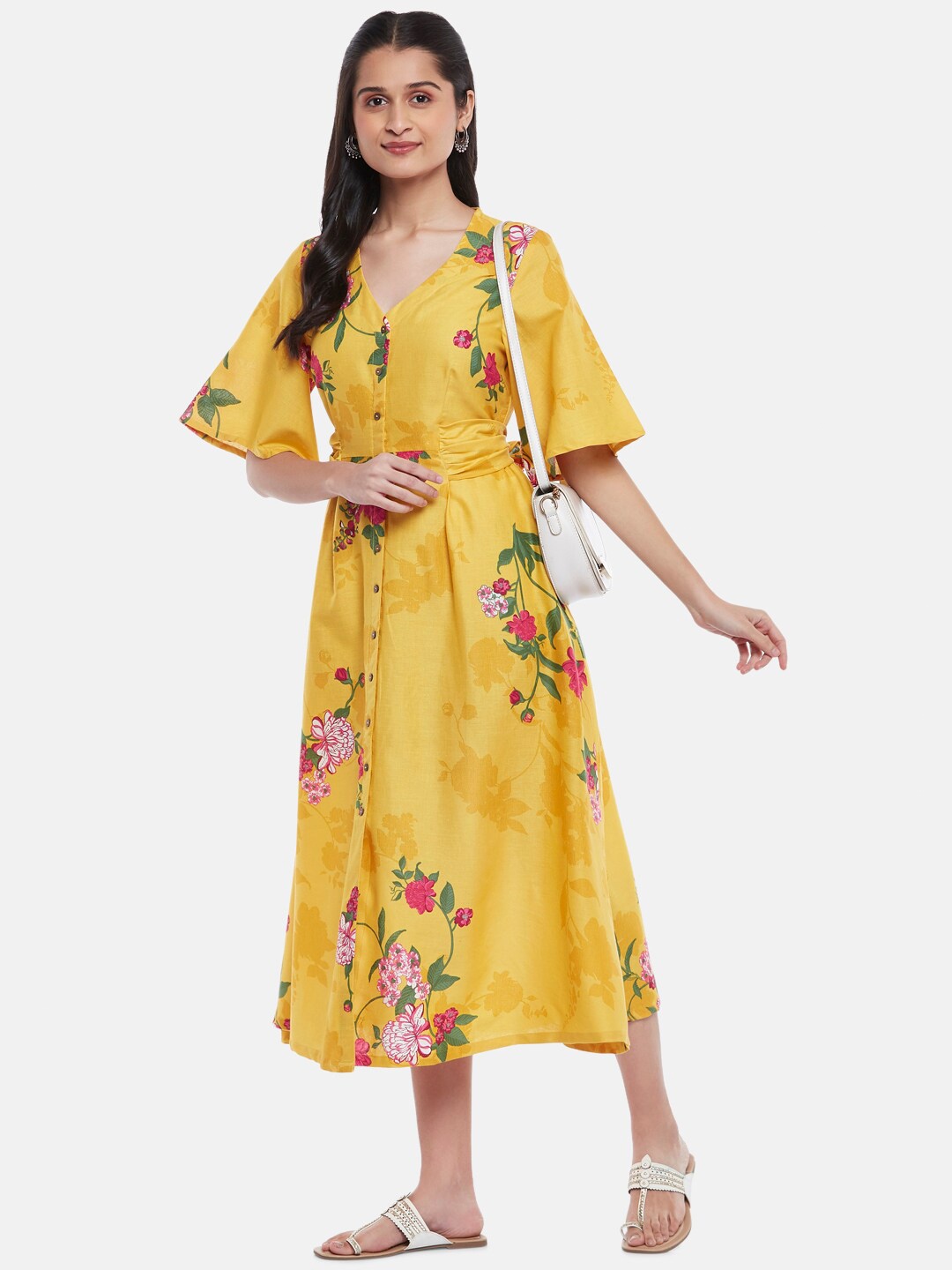 

AKKRITI BY PANTALOONS Yellow & Magenta Floral A-Line Cotton Midi Dress