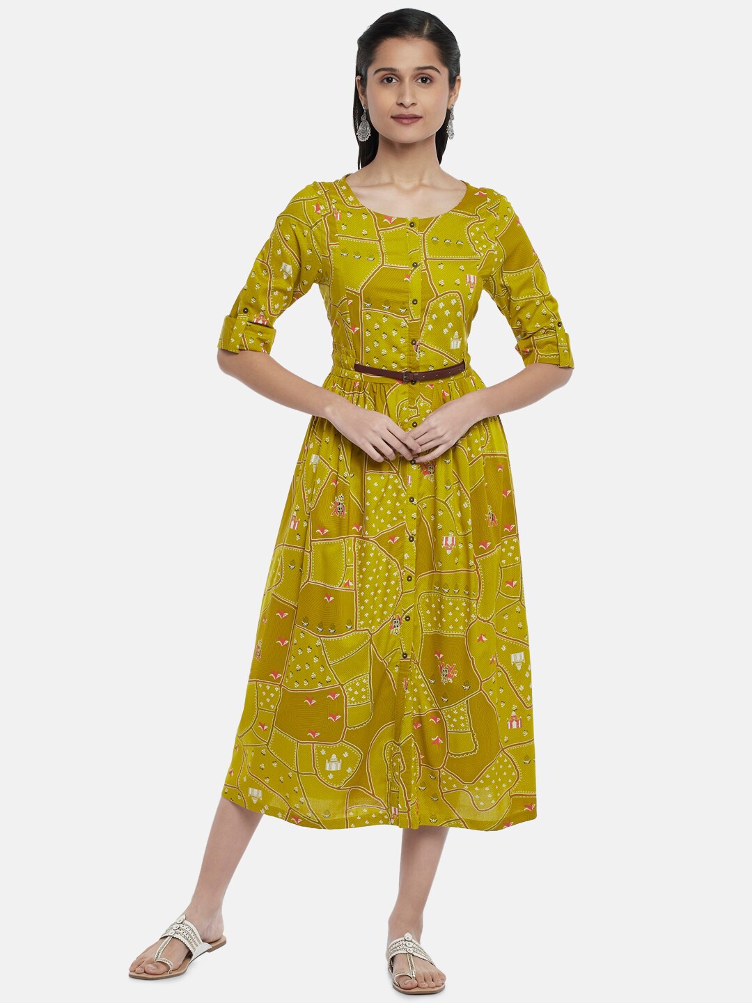 

AKKRITI BY PANTALOONS Fluorescent Green Floral Printed Midi Fit & Flared Dress