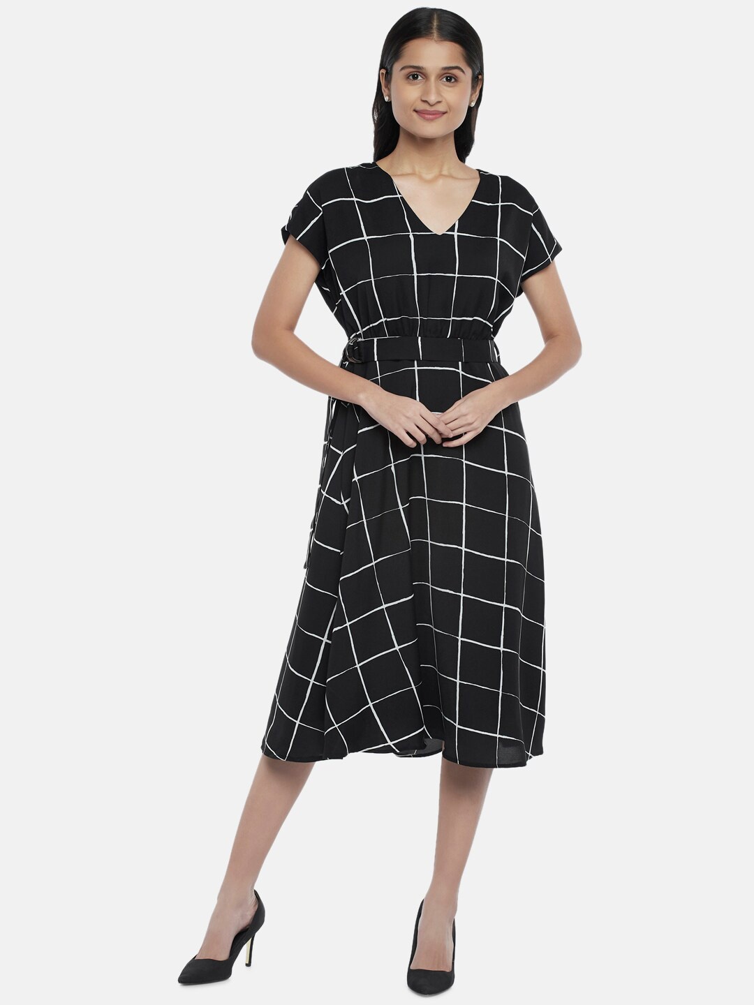 

Annabelle by Pantaloons Black Checked Formal Midi Fit & Flare Dress With Belt