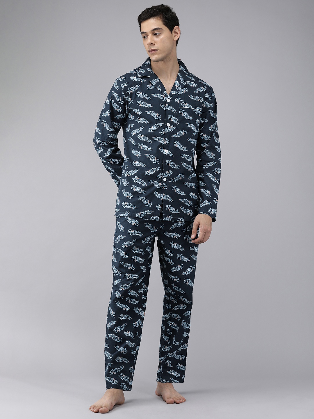 

THE BEAR HOUSE Men Navy Blue Pure Cotton Leaf Printed Pyjama Set