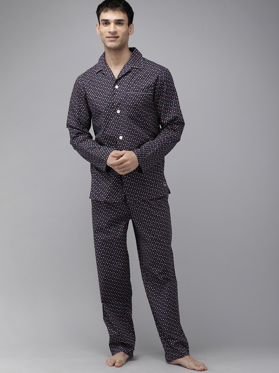 

THE BEAR HOUSE Men Navy Blue & Off-White Printed Pure Cotton Pyjamas Set