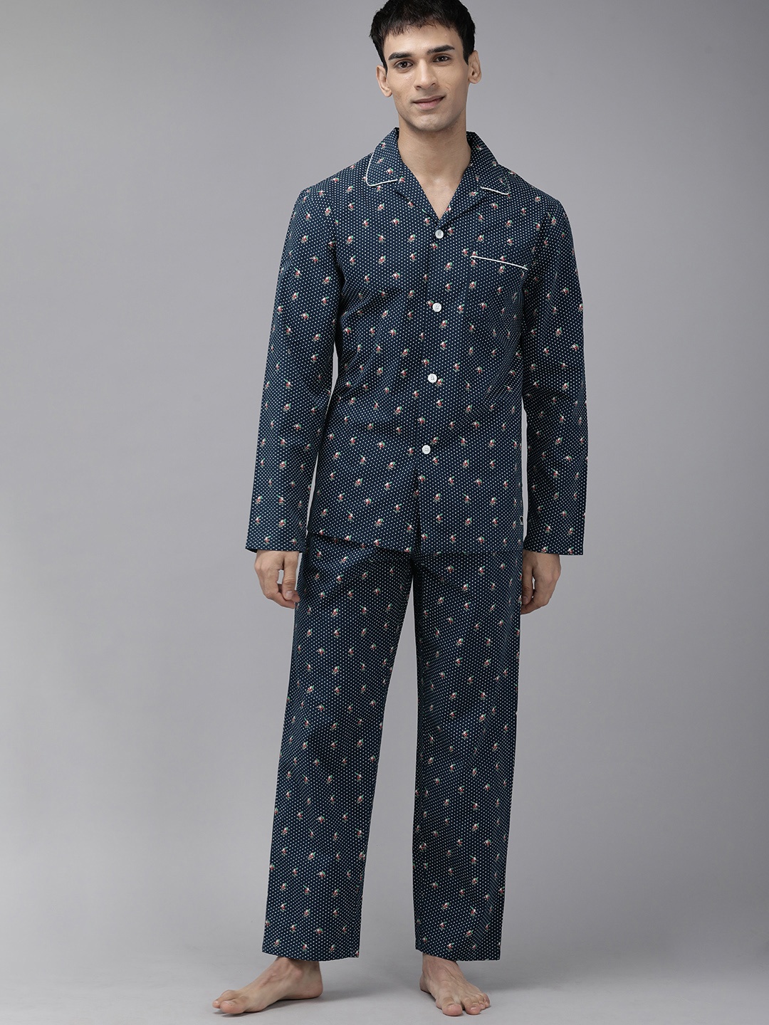 

THE BEAR HOUSE Men Navy Blue & White Conversational Print Cotton Pyjama Set