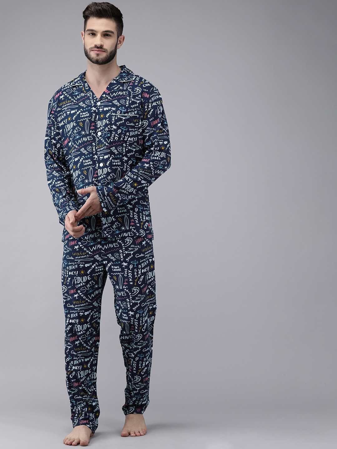 

THE BEAR HOUSE Men Blue & White Typography Printed Pyjama Set