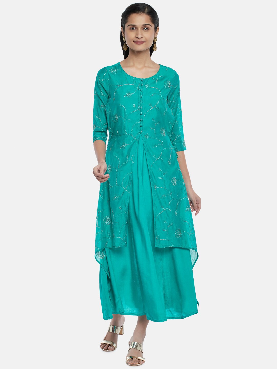 

RANGMANCH BY PANTALOONS Turquoise Blue Embellished Embroidered Midi Dress