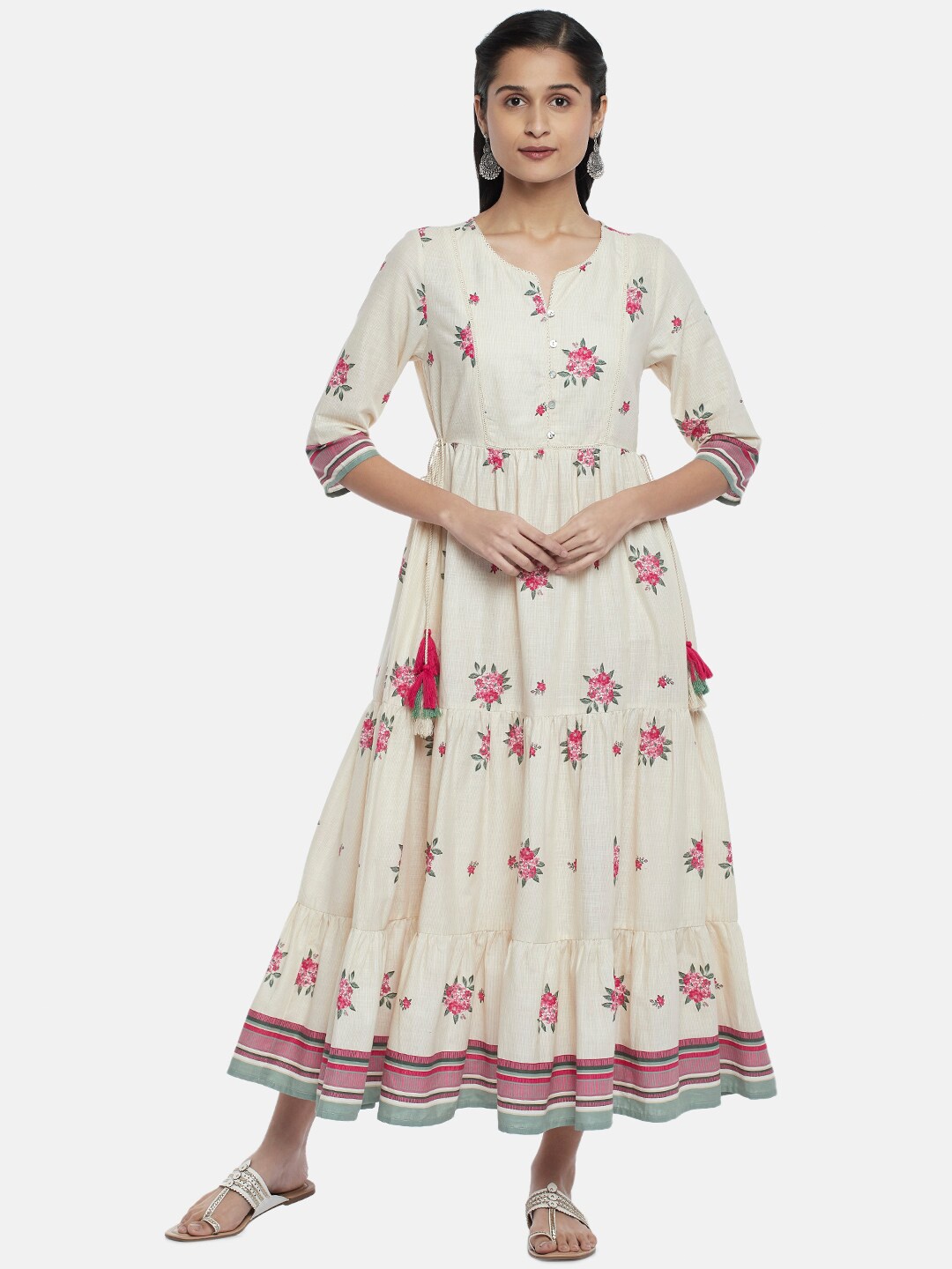 

RANGMANCH BY PANTALOONS Off White Floral Ethnic Cotton A-Line Midi Dress