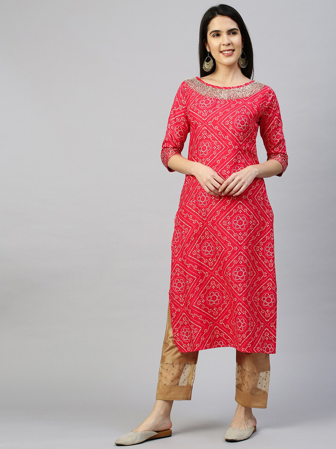 

FASHOR Women Pink Geometric Printed Keyhole Neck Gotta Patti Kurta