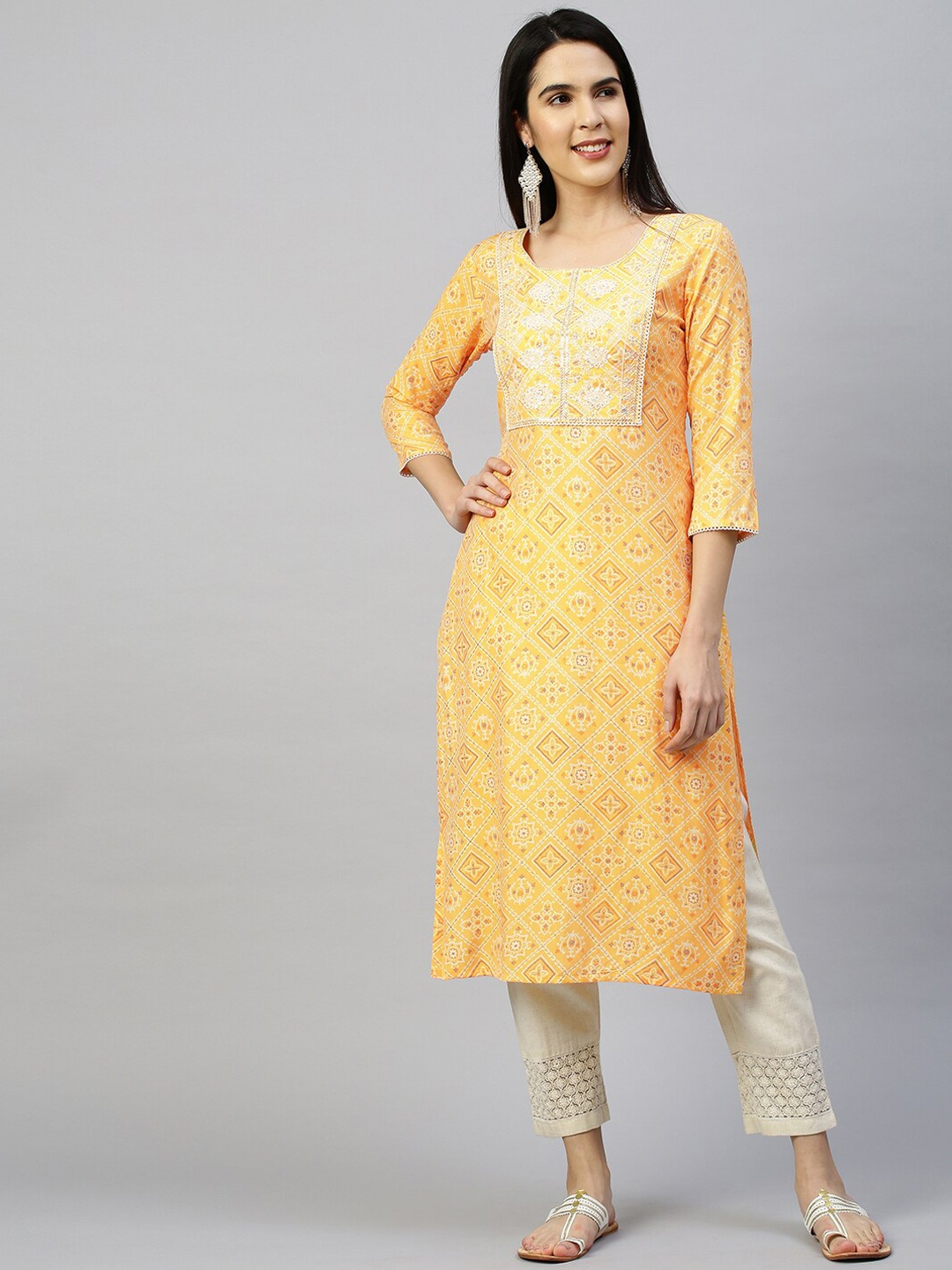 

FASHOR Women Yellow Ethnic Motifs Printed Thread Work Kurta