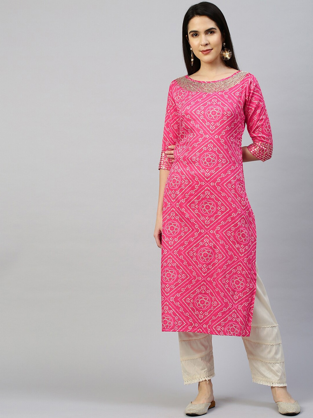 

FASHOR Women Pink Bandhani Printed Kurta