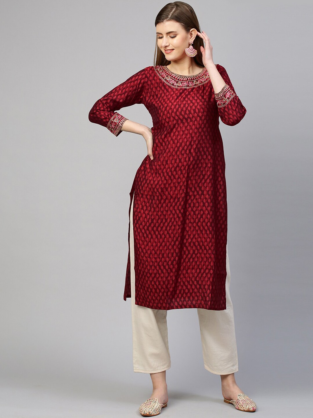 

FASHOR Women Red Ethnic Motifs Printed Thread Work Kurta