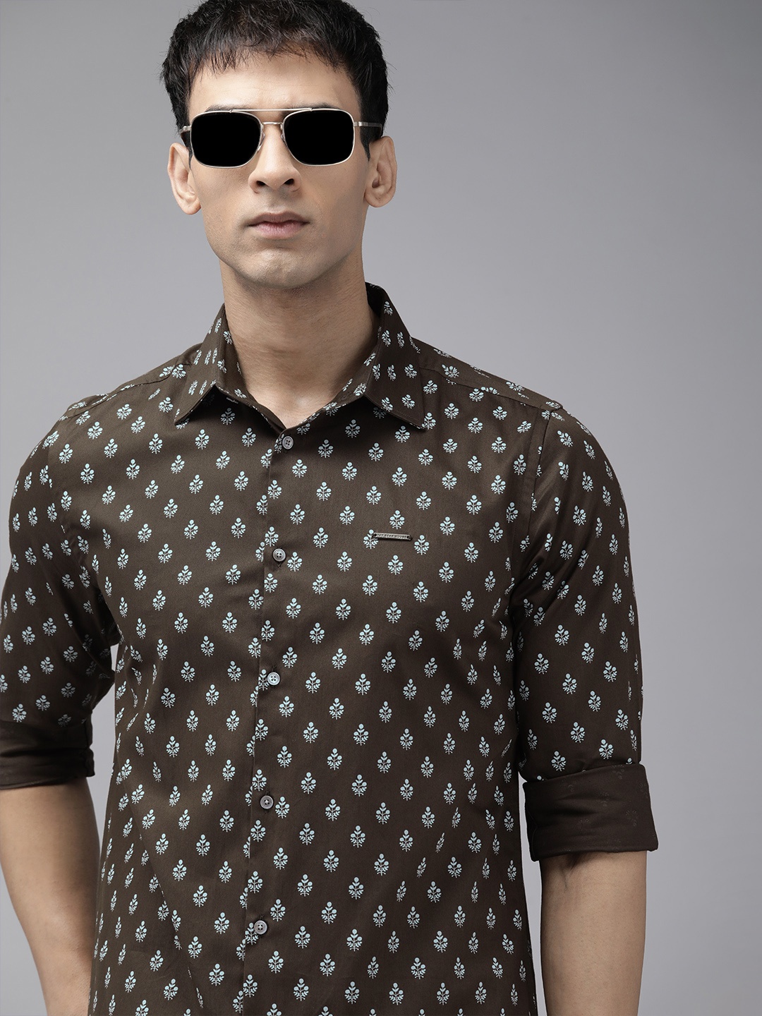 

THE BEAR HOUSE Men Coffee Brown & Blue Slim Fit Printed Pure Cotton Casual Shirt