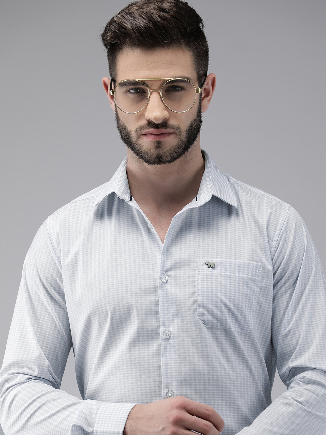 

THE BEAR HOUSE Men Blue Pure Cotton Slim Fit Checked Formal Shirt