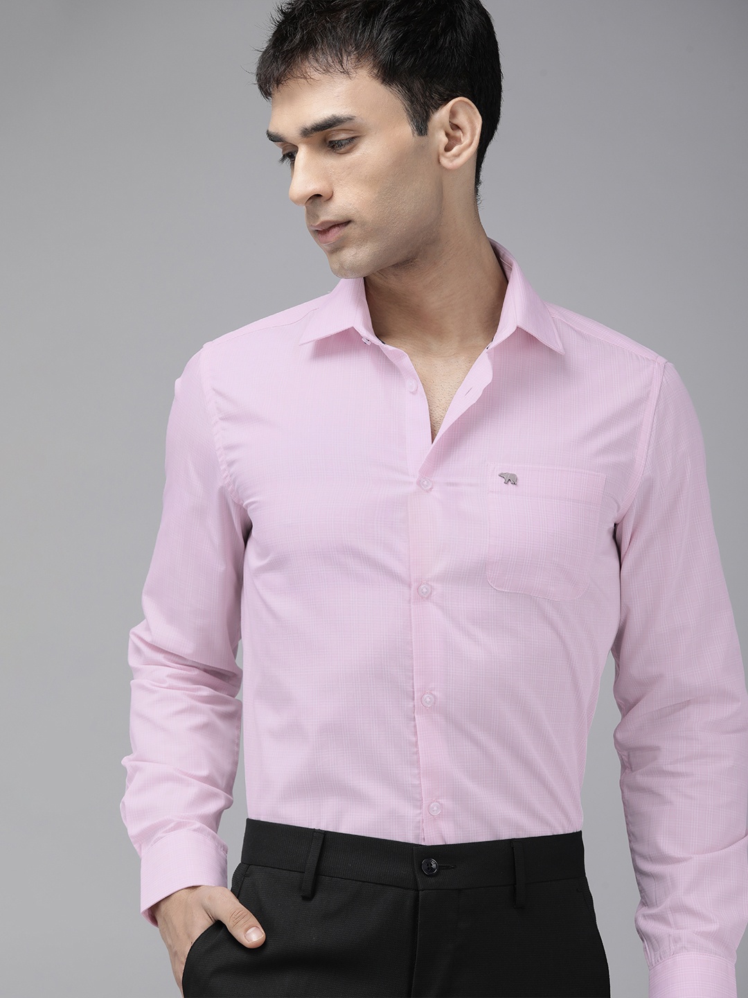 

THE BEAR HOUSE Men Pink Slim Fit Checked Pure Cotton Formal Shirt