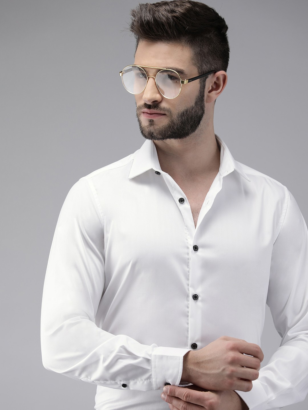

THE BEAR HOUSE Men White Solid Slim Fit Cotton Formal Shirt