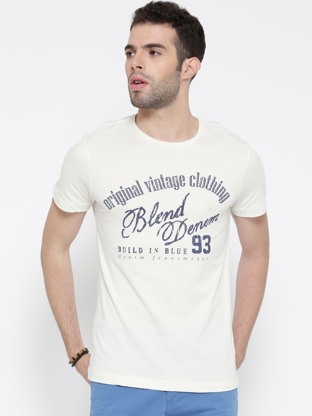 

BLEND Men Off-White Printed Slim Fit Round Neck Pure Cotton T-shirt